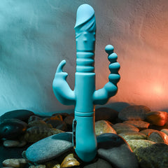 Adam & Eve EVES THRUSTING TRIPLE JOY RABBIT - Teal 25 cm USB Rechargeable Thrusting Rabbit Vibe with Anal Tickler