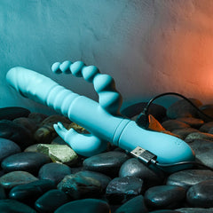 Adam & Eve EVES THRUSTING TRIPLE JOY RABBIT - Teal 25 cm USB Rechargeable Thrusting Rabbit Vibe with Anal Tickler