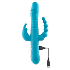 Adam & Eve EVES THRUSTING TRIPLE JOY RABBIT - Teal 25 cm USB Rechargeable Thrusting Rabbit Vibe with Anal Tickler