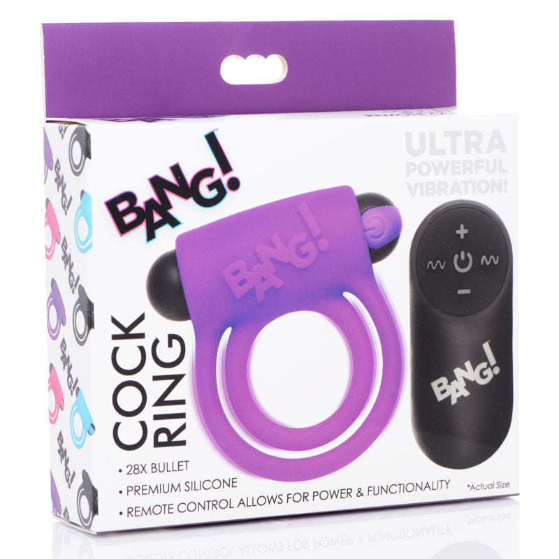 Bang Silicone Cock Ring and Bullet - USB Rechargeable Vibrating Cock Ring with Wireless Remote in Black Purple COCK RINGS