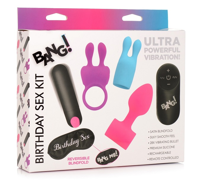 Bang Birthday Sex Kit with Pink Anal Plug, Purple Cock Ring, Blue Clit Stimulator, Reversible Satin Blindfold, and Wireless Remote Controller Default Title Butt Plugs - Vibrating