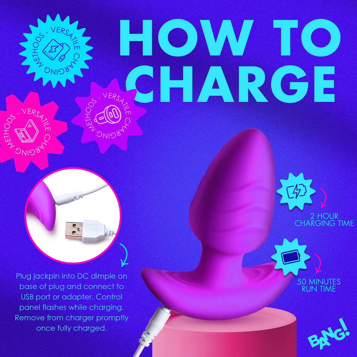 XR Brands | BANG! 10X Rotating & Vibrating Silicone Butt Plug w/ Remote - Purple