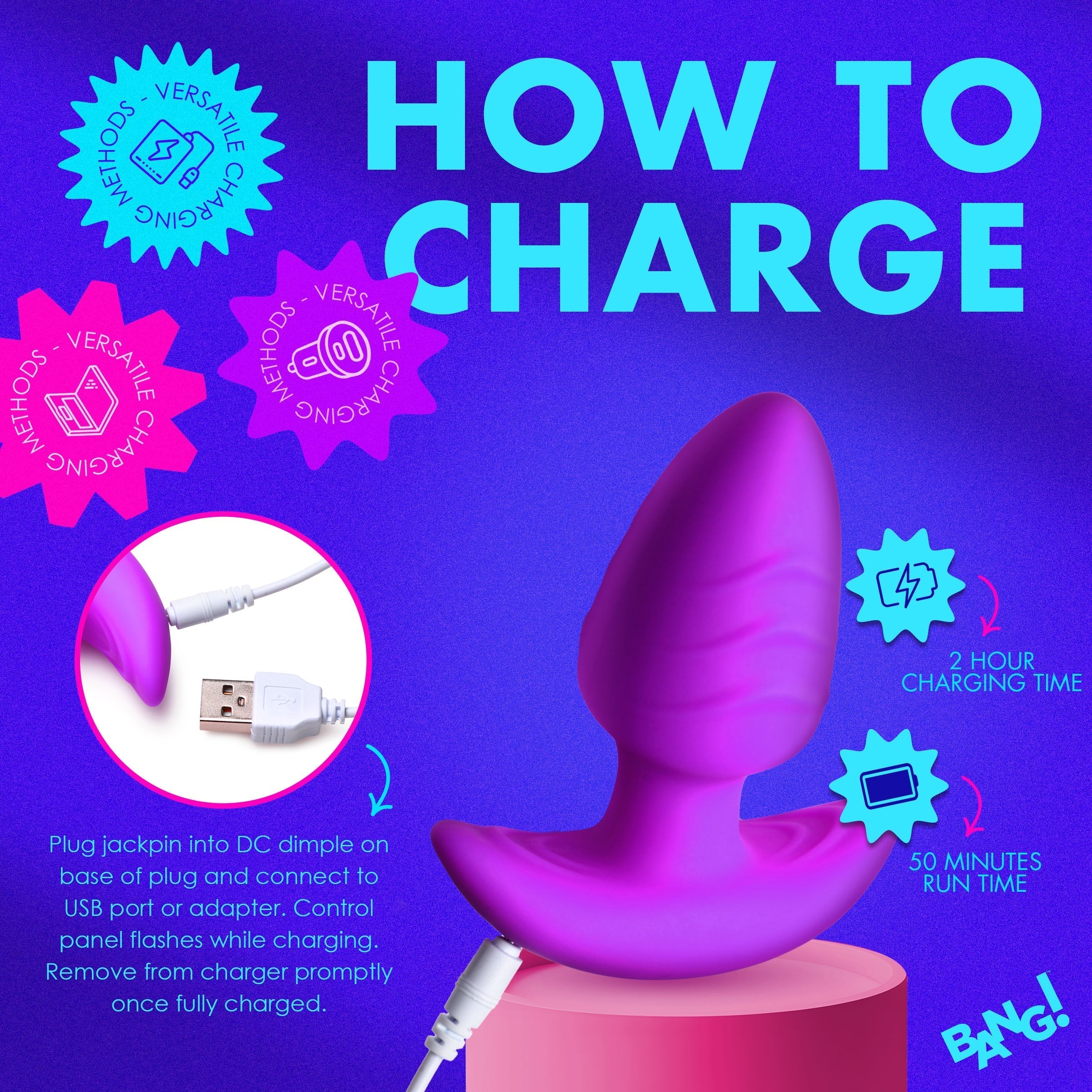 XR Brands | BANG! 10X Rotating & Vibrating Silicone Butt Plug w/ Remote - Purple