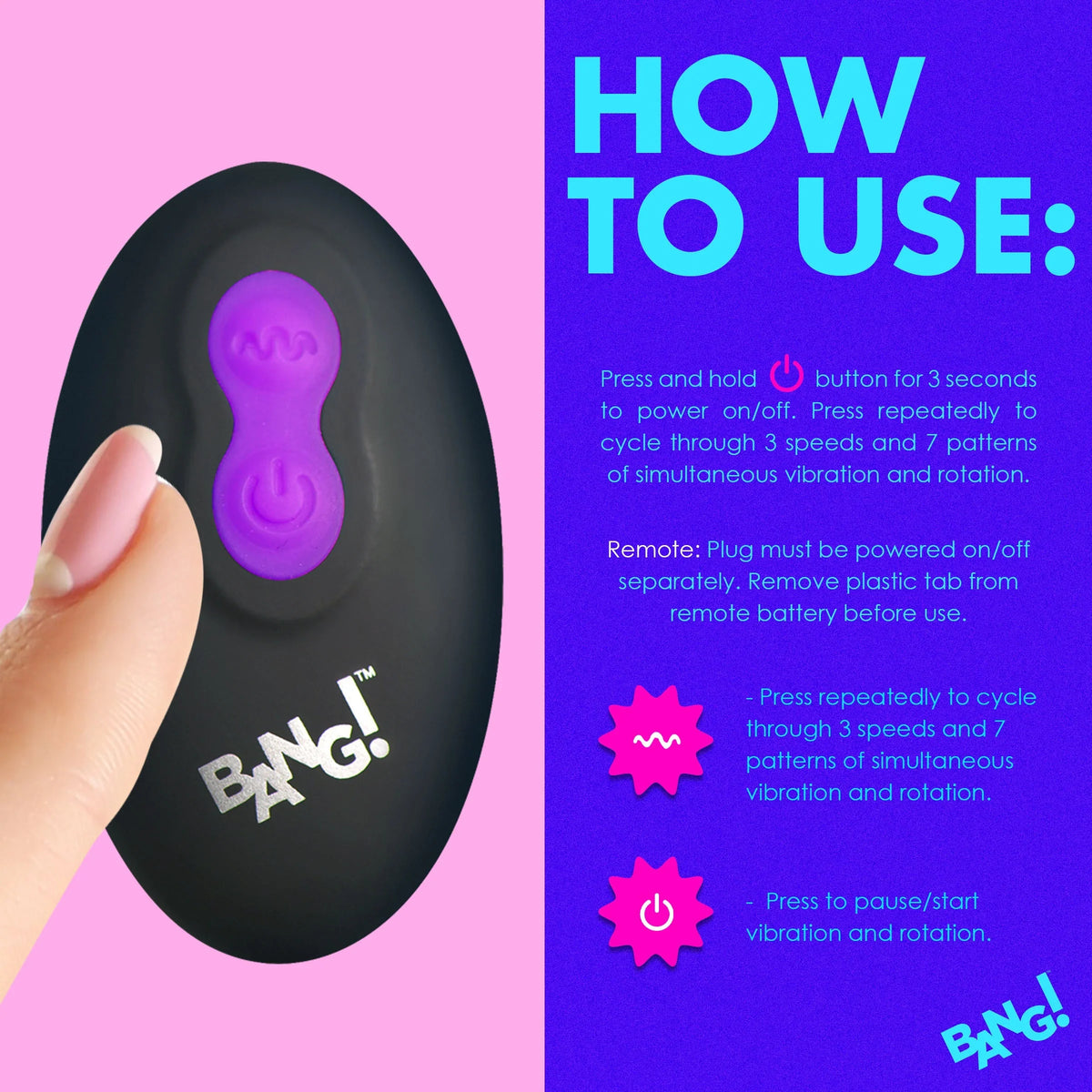 XR Brands | BANG! 10X Rotating & Vibrating Silicone Butt Plug w/ Remote - Purple