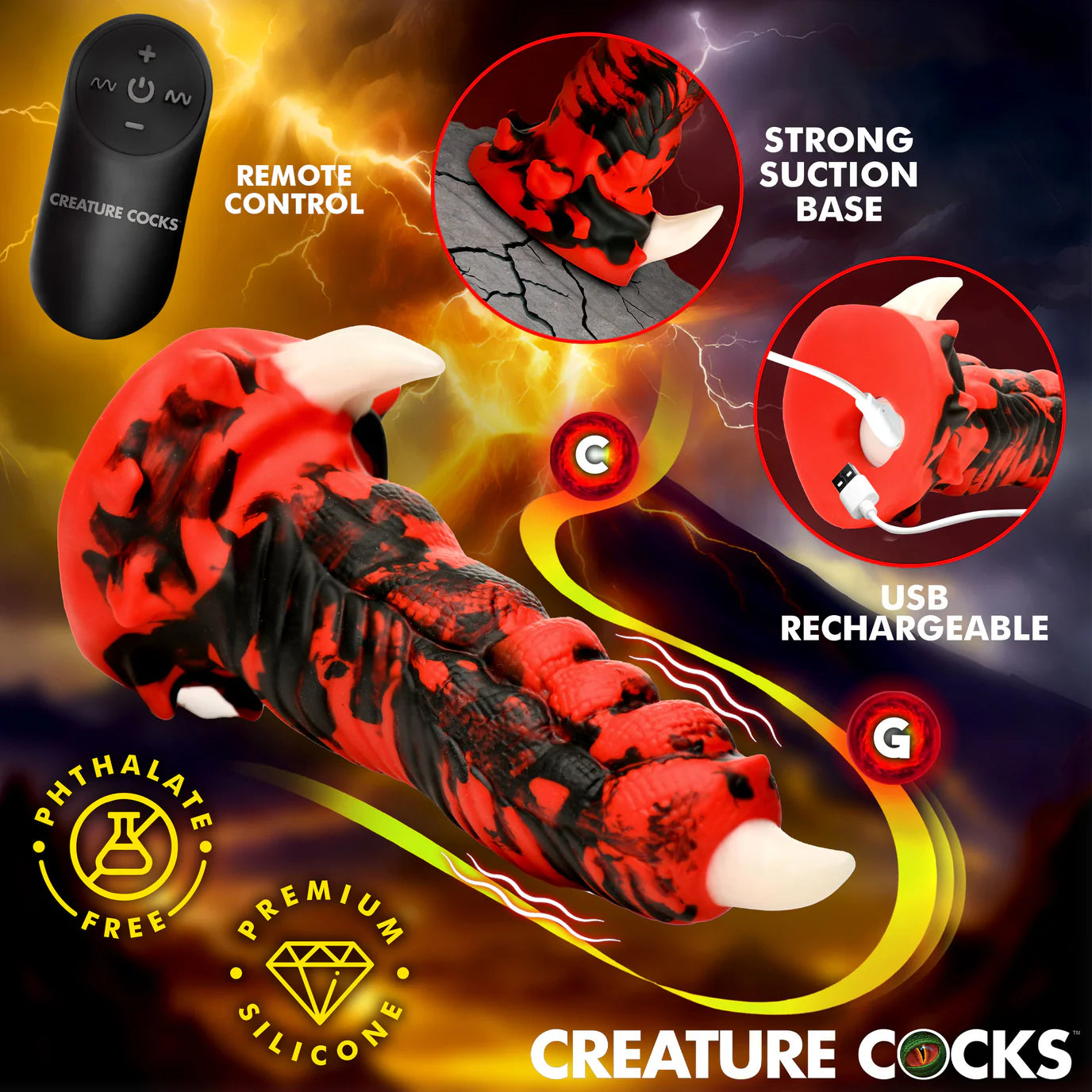 Creature Cocks Red Talon (Red/Black) – Textured Vibrating 7.1" Silicone Dildo Secondary image