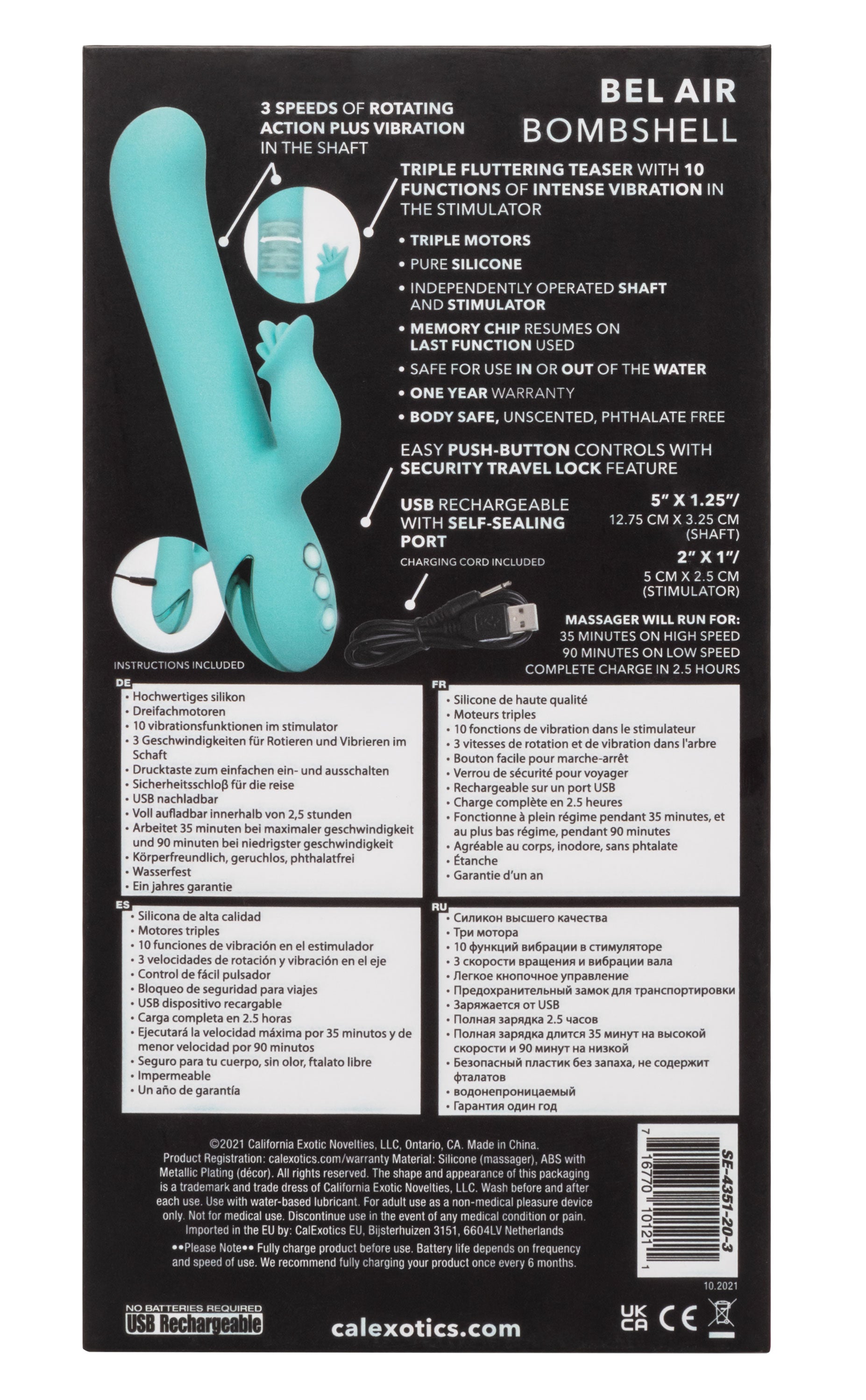 California Dreaming Bel Air Bombshell Silicone Vibrator in Aqua Blue with Triple Motors and 10 Vibration Functions > Vibrators > Ladies > Rabbit