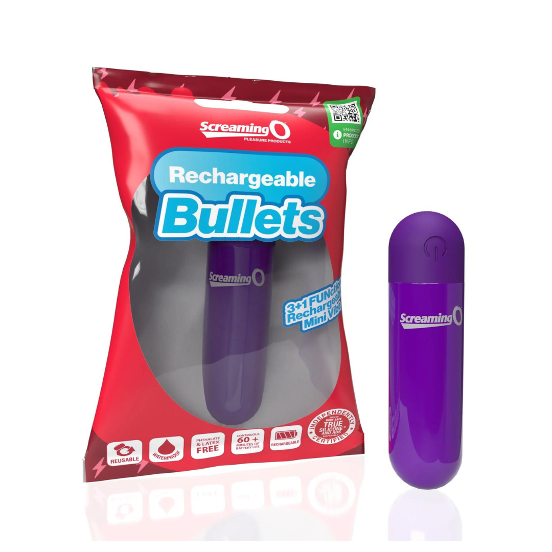 Screaming O Rechargeable Bullets Purple Compact Waterproof Mini Vibrator with 3 Speeds and Pulse Pattern Purple BULLETS