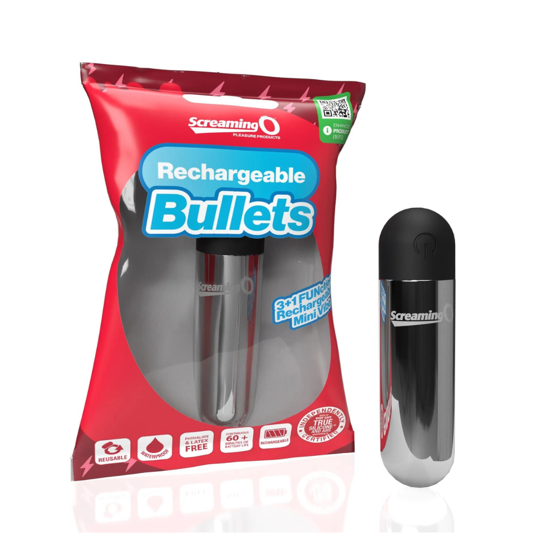 Screaming O Rechargeable Bullets Silver Compact Waterproof Mini Vibrator with 3 Speeds and Pulse Pattern Silver BULLETS