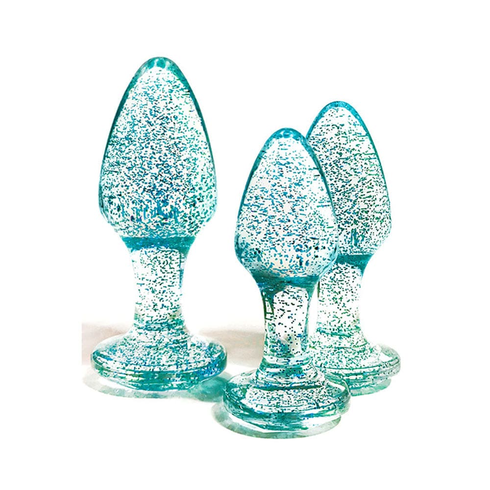 Adam & Eve Glitter Gem 3-Piece Butt Plug Set - Blue Sparkle (8.1cm/9.4cm/11.2cm) > Anal Range > Butt Plug Kits