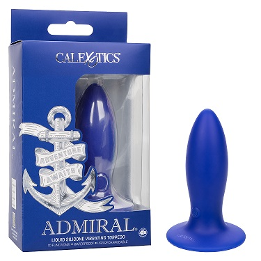 Admiral Blue Liquid Silicone Vibrating Torpedo with Suction Cup Base and 10 Functions Butt Plugs