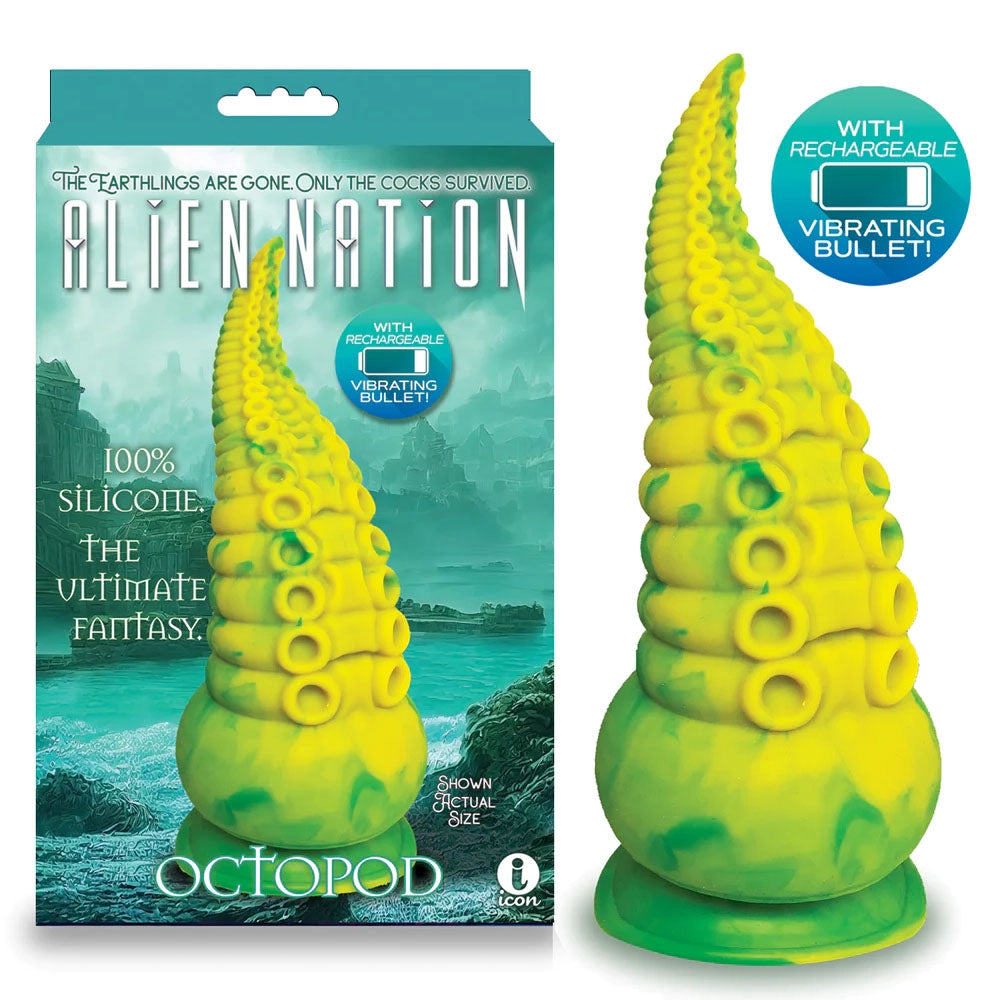 Alien Nation Octopod (Green and Yellow) – 8 Inch Vibrating Fantasy Dong Coloured Fantasy Dongs