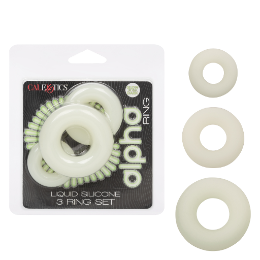 Alpha Glow-In-The-Dark Liquid Silicone 3 Ring Set in White with Multiple Sizes COCK RING Set
