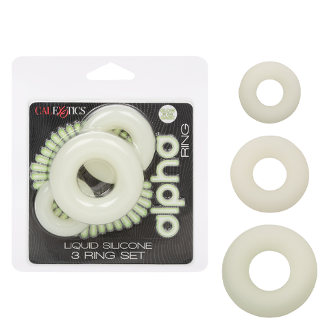 Alpha Glow-In-The-Dark Liquid Silicone 3 Ring Set in White with Multiple Sizes COCK RING Set
