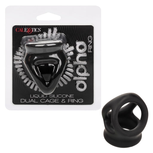 Alpha Liquid Silicone Dual Cage and Ring Black Stretchy Enhancer Cock Ring Secondary image