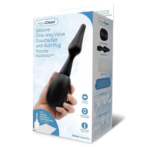 AquaClean Silicone One-Way Valve Douche Set with Butt Plug Nozzle Black Douches