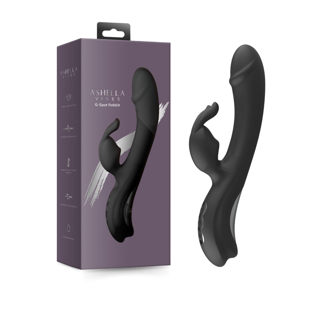 Ashella Vibes G-Spot Rabbit Black Silicone Dual Stimulation Vibrator with 10 Rocking Motions and 5 Vibration Modes, Waterproof Vibrators - G Spot