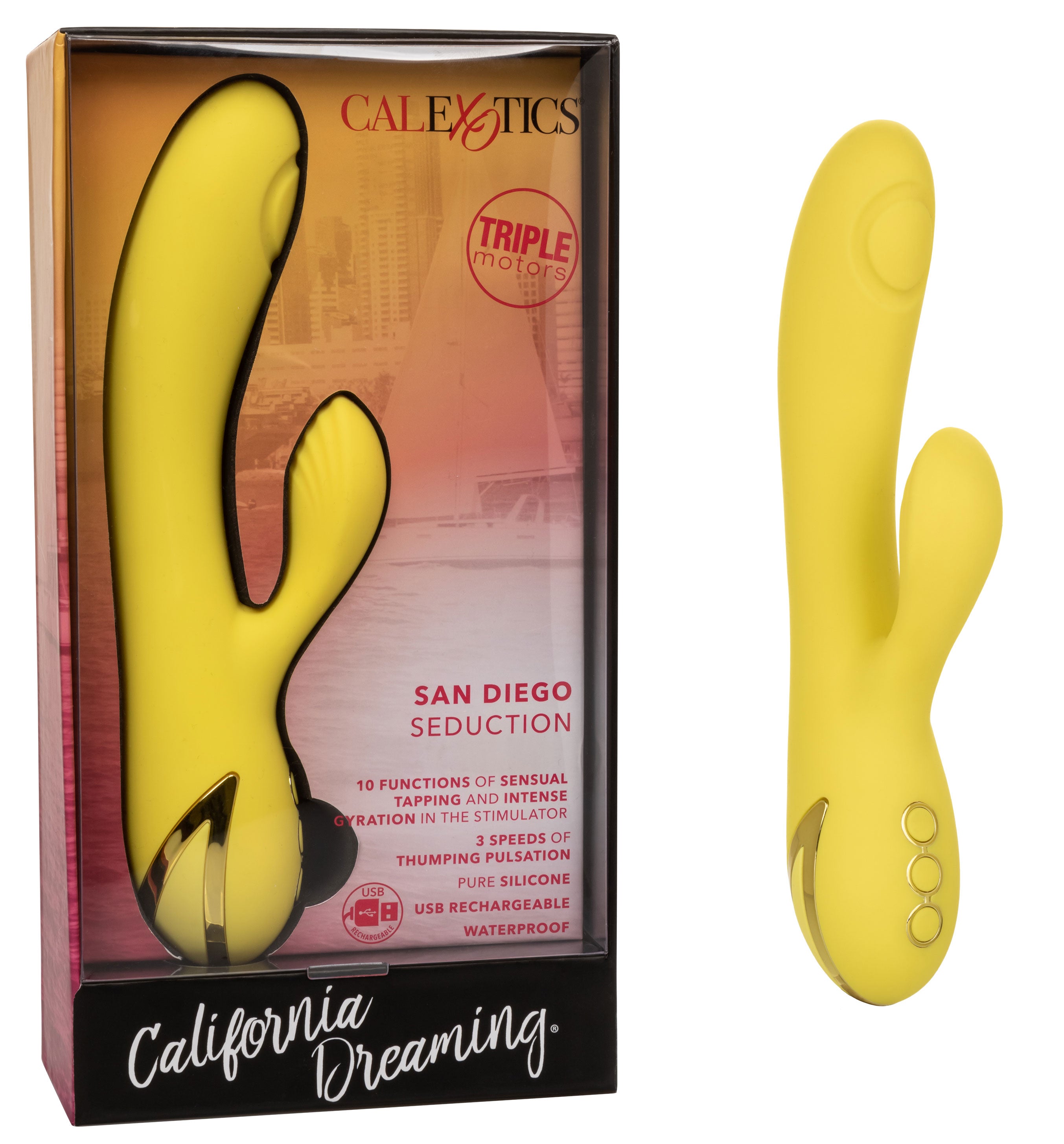 California Dreaming San Diego Seduction Yellow Silicone Dual-Action Massager with Triple Motors and 10 Functions > Vibrators > Ladies > Rabbit