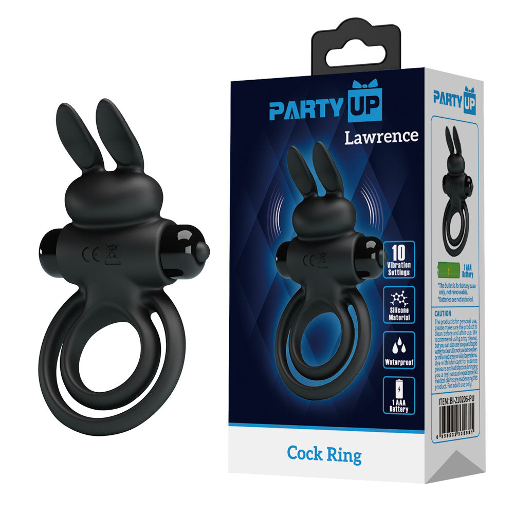 Party Up Lawrence Vibrating Cock Ring - Vibrating Cock and Balls Ring Black COCK RINGS
