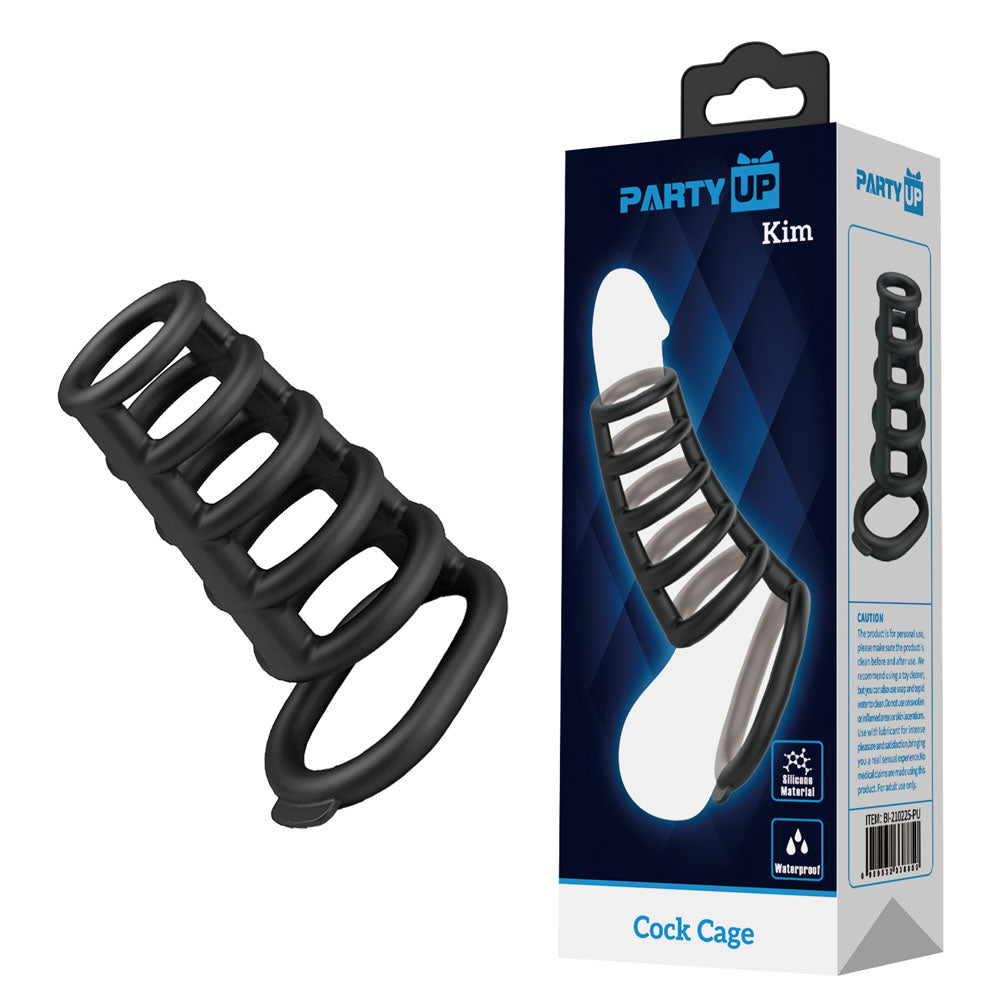 Party Up Kim Cock Cage Ribbed Penis Extender Sleeve with Six Connected Rings Cock Ring Black > Bondage Gear > Male Chastity