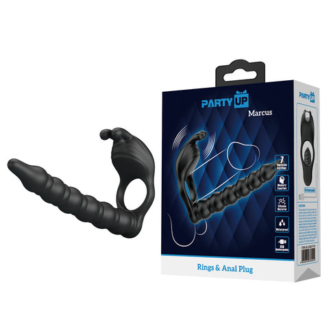 Party Up Marcus Ring and Anal Plug USB Rechargeable Vibrating Cock Ring with Double Penetrator Black COCK RINGS