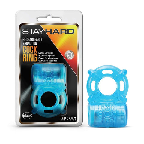Stay Hard Rechargeable 5 Function Cock Ring - USB Vibrating Ring Blue Cock Rings Vibrating