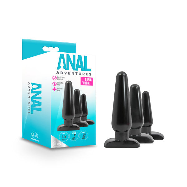 Anal Adventures 3 Pc Basic Plug Kit (Black) – Beginner 4 Inch and Medium Butt Plug Set > Anal Range > Butt Plug Kits