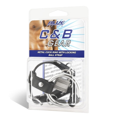 Blue Line Metal Cock Ring With Locking Ball Strap and Adjustable Leather Strap COCK RINGS
