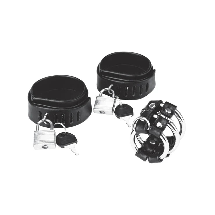 Blue Line Locking Ball Stretcher Cock Ring and Three-Ring Cock Cage Set > Clothes > Mens Leather