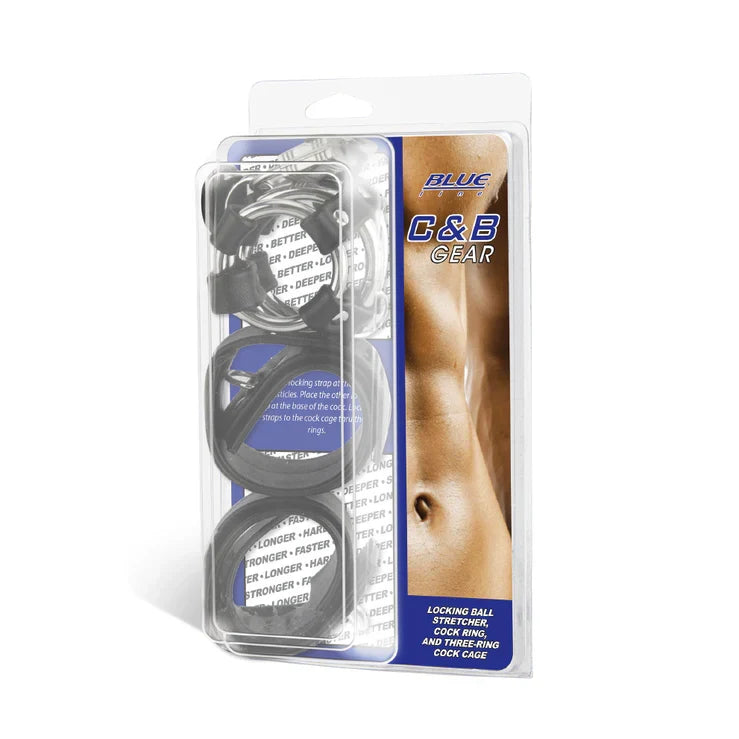 Blue Line Locking Ball Stretcher Cock Ring and Three-Ring Cock Cage Set > Clothes > Mens Leather
