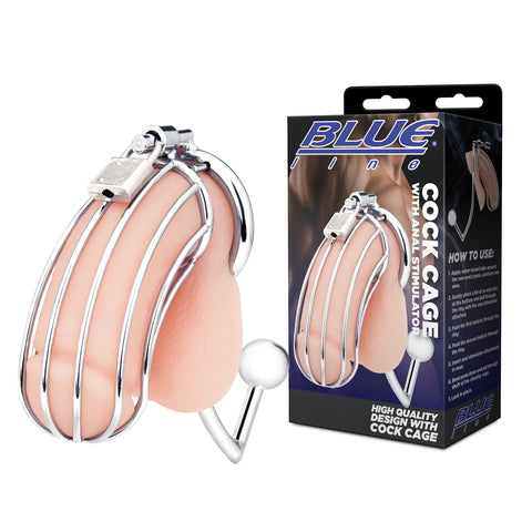 Blue Line Cock Cage with Anal Stimulator High Quality Metal Ring and Bulb Design Default Title Cages