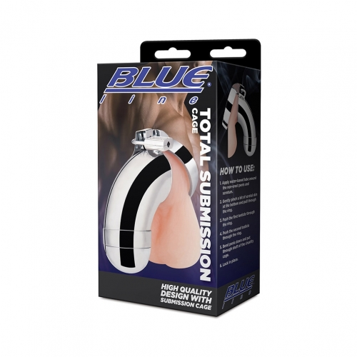 Blue Line Total Submission Cock Cage Hard Metal Penis Sheath with Testicle Restriction Ring Default Title Cages