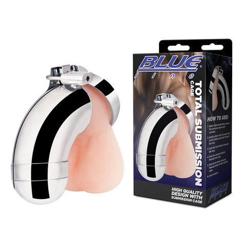 Blue Line Total Submission Cock Cage Hard Metal Penis Sheath with Testicle Restriction Ring Default Title Cages