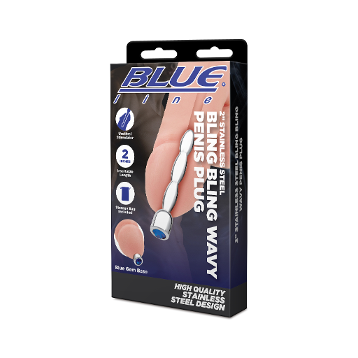 Blue Line 2 Inch Stainless Steel Bling Bling Wavy Penis Plug with Blue Gem Base Default Title Sounding Rods