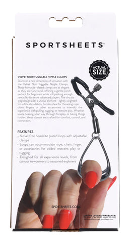 Sportsheets Velvet Noir Tuggable Nipple Clamps with Gunmetal Finish and Adjustable Restraints Silver Nipple Stimulators