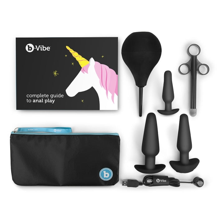 B-Vibe Anal Education Set Black with Small, Medium Vibrating, and Large Weighted Butt Plugs, Lubricant Applicator, and Anal Enema Kit Default Title Butt Plugs - Vibrating