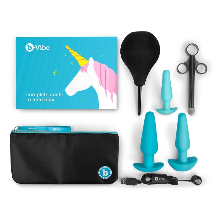 B-Vibe Anal Education Set Blue with Small, Medium Vibrating, and Large Weighted Silicone Butt Plugs, Lubricant Applicator, and Anal Enema Kit Default Title Butt Plugs - Vibrating