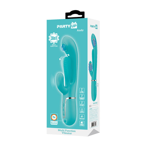 Party Up Andy Multi Function Vibrator Teal 22.2 cm USB Rechargeable Rabbit Vibrator with Flicking and Thumping Tip VIBRATORS