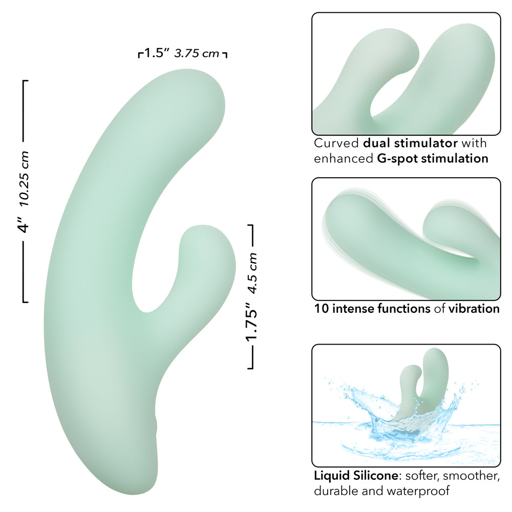 Pacifica Fiji Dual Stimulator in Mint Green with 10 Vibration Functions, Liquid Silicone, USB Rechargeable, Waterproof IPX7, 7.5 Inches VIBRATORS-RABBIT