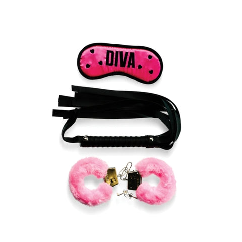 Bizarre Video Diva Bondage Kit with Pink Satin Blindfold, Faux-Fur Lined Handcuffs, and Black PVC Mini Flogger > Bondage Gear > Bondage Kits