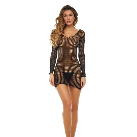 Black Crochet Seduction Dress Long Sleeve Square Net Mini > Clothes > Dresses and Chemises