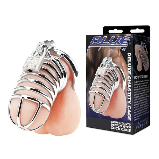 Blue Line Deluxe Metal Chastity Cage with Secure Lock Rings > Bondage Gear > Male Chastity