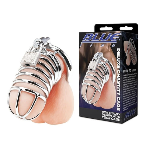 Blue Line Deluxe Metal Chastity Cage with Secure Lock Rings Cages