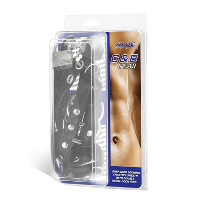 Blue Line Gimp Cock Locking Chastity Sheath With Double Metal Cock Rings and Adjustable Strap COCK RINGS