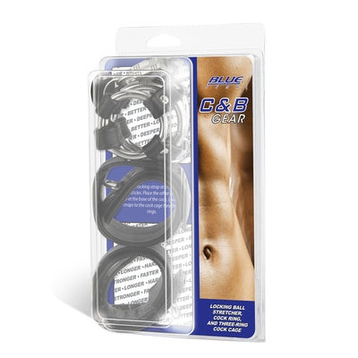Blue Line Locking Ball Stretcher Cock Ring and Three-Ring Cock Cage Set Cages