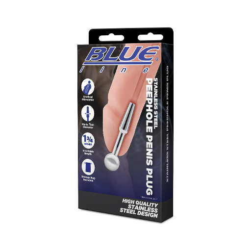 Blue Line Stainless Steel Peephole Penis Plug 1 3/4 Inch Length with Bulb Tip and Storage Bag > Sex Toys For Men > Sounding Rods Main image