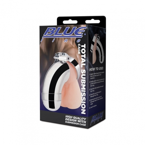 Blue Line Total Submission Cock Cage Hard Metal Penis Sheath with Testicle Restriction Ring Cages