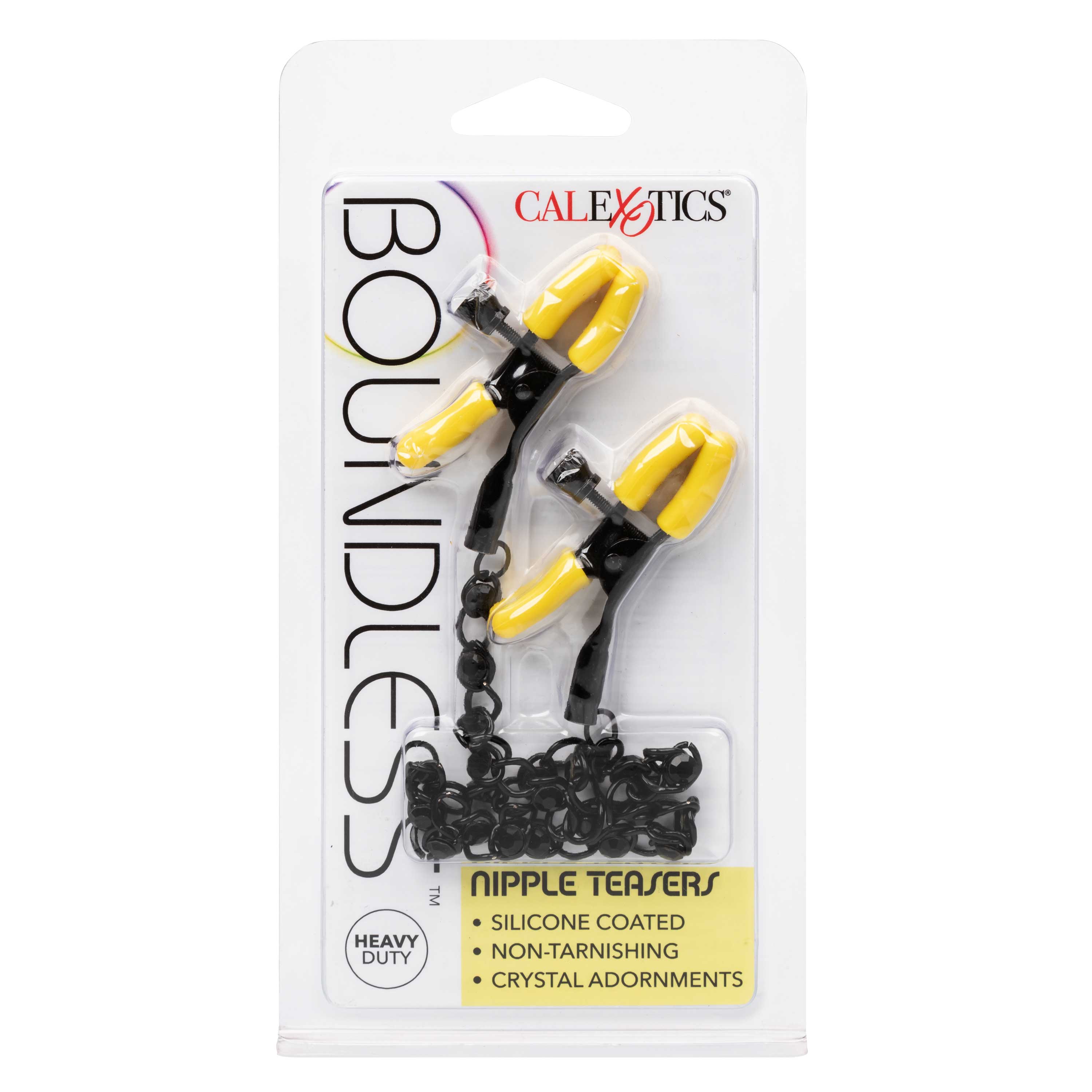 Boundless Nipple Teasers Adjustable Black Chain with Yellow Silicone Coated Clamps and Crystal Adornments > Sex Toys > Nipple Clamps