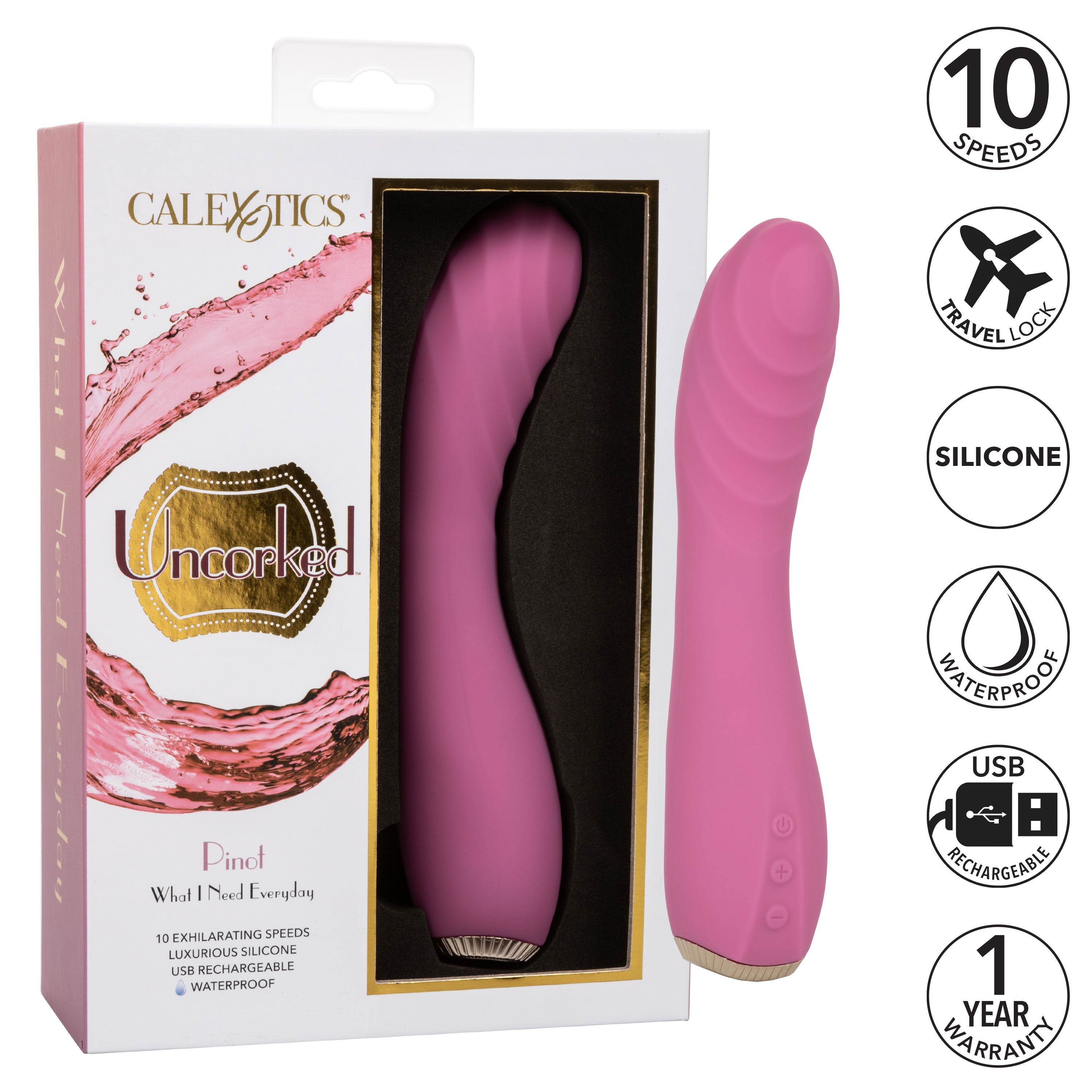 Uncorked Pinot Pink Silicone Massager with 10 Speeds and Rechargeable > Vibrators > Standard Vibrators