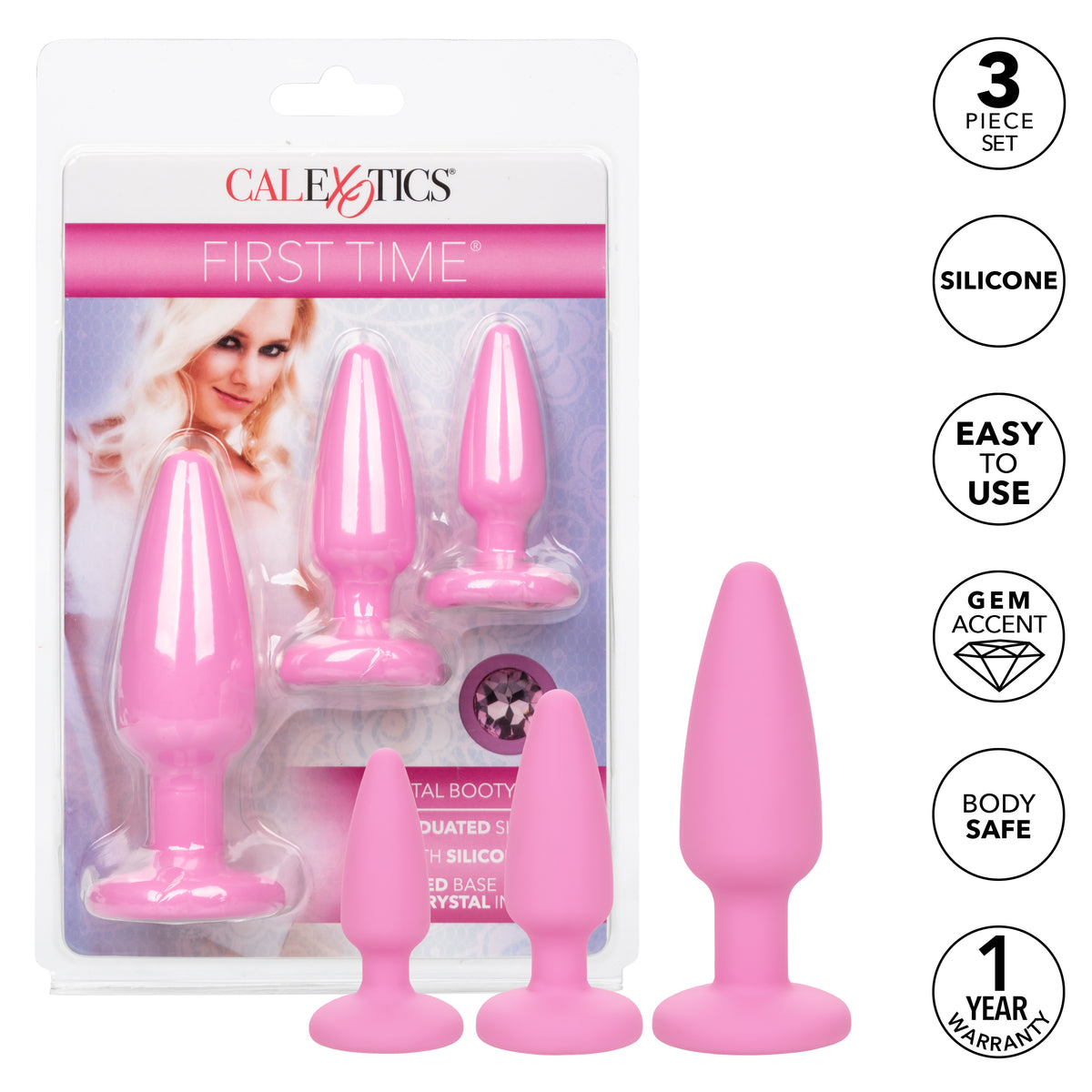 First Time Crystal Booty Kit Pink - 3 Graduated Sizes Smooth Silicone Anal Plugs with Crystal Inlay > Anal Range > Butt Plug Kits