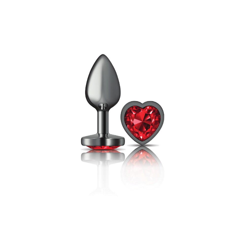 Cheeky Charms Gunmetal Butt Plug with Heart Red Jewel Small Red > Anal Range > Jewel Butt Plugs